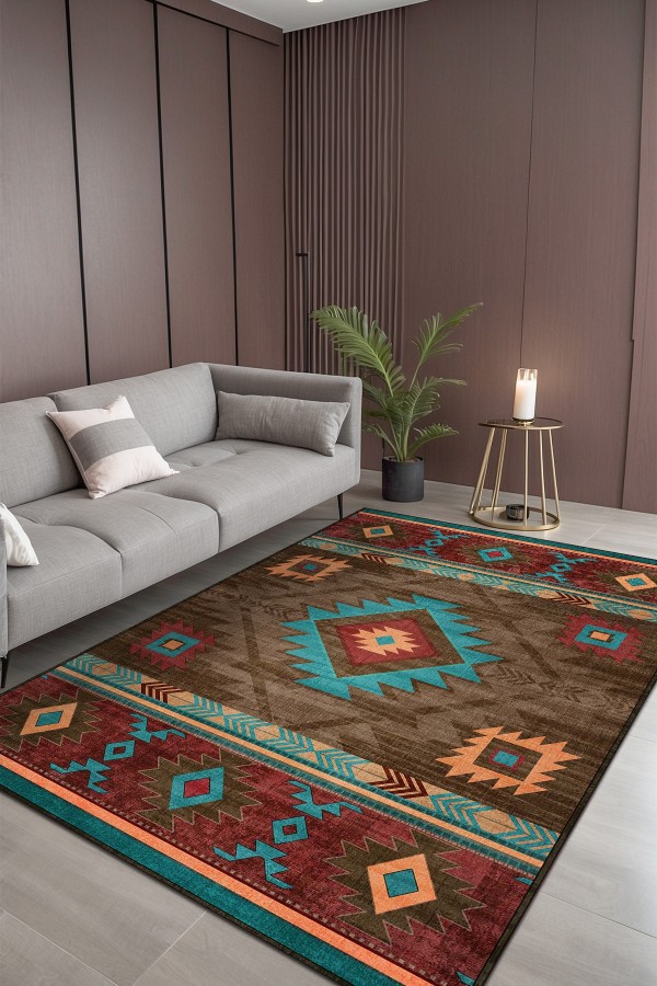 Viesta Modern Kadife Desenli Pamuk Tabanlı Yıkanabilen Kaydırmaz Antibakteriyel Salon Halısı