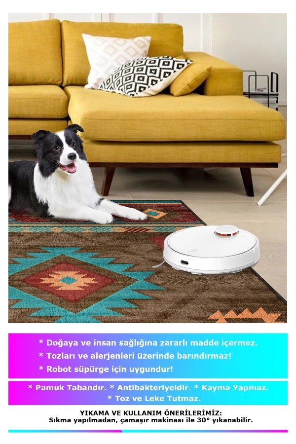 Viesta Modern Kadife Desenli Pamuk Tabanlı Yıkanabilen Kaydırmaz Antibakteriyel Salon Halısı