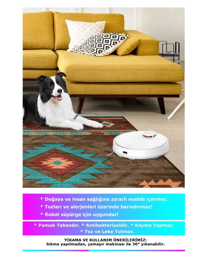 Viesta Modern Kadife Desenli Pamuk Tabanlı Yıkanabilen Kaydırmaz Antibakteriyel Salon Halısı