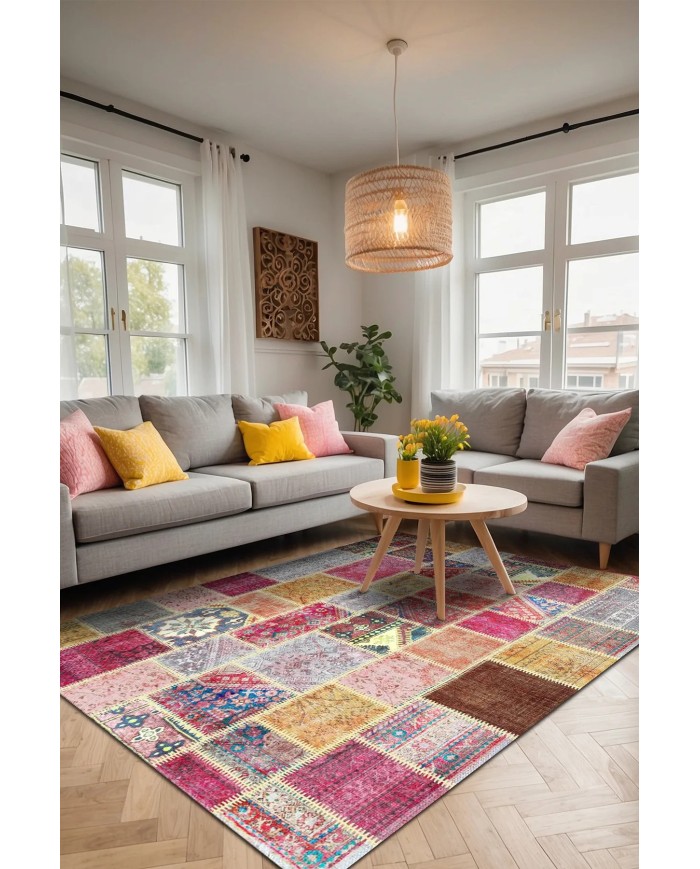 Korn Patchwork Kadife Desenli Pamuk Taban Kaymaz Yıkanabilen Antibakteriyel Yolluk