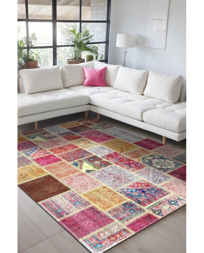 Korn Patchwork Kadife Desenli Pamuk Taban Kaymaz Yıkanabilen Antibakteriyel Yolluk