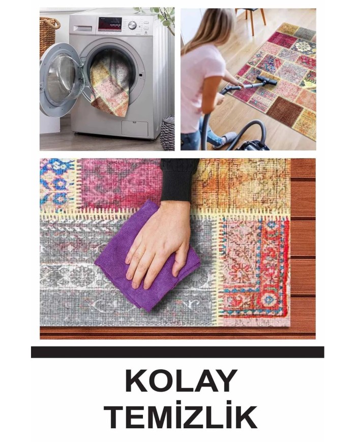 Korn Patchwork Kadife Desenli Pamuk Taban Kaymaz Yıkanabilen Antibakteriyel Yolluk
