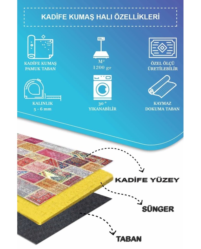 Korn Patchwork Kadife Desenli Pamuk Taban Kaymaz Yıkanabilen Antibakteriyel Yolluk