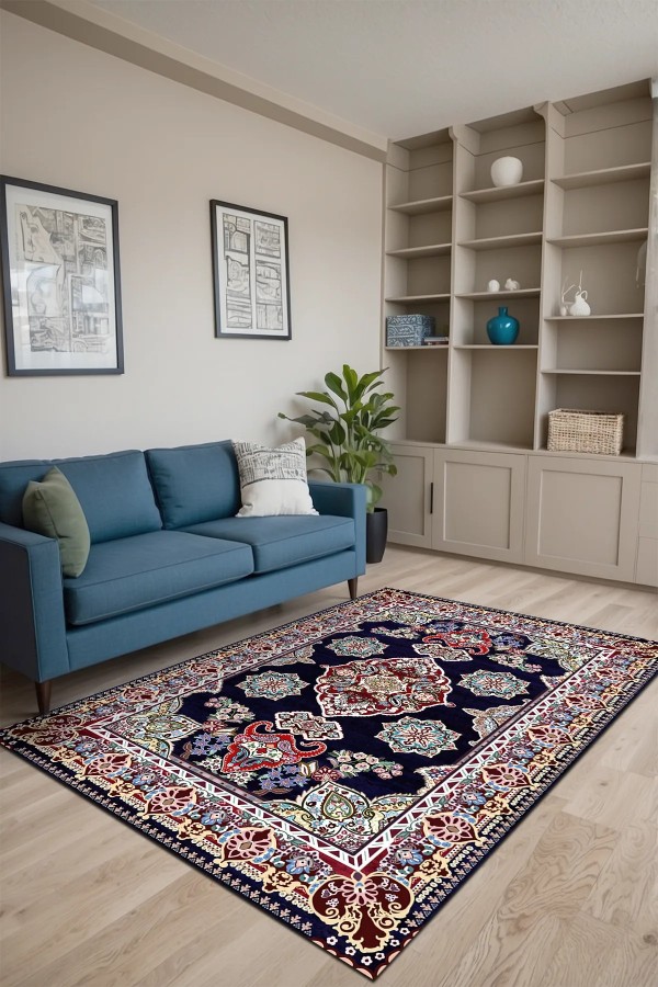 Perlan Modern Kadife Desenli Pamuk Tabanlı Yıkanabilen Kaydırmaz Antibakteriyel Salon Halısı