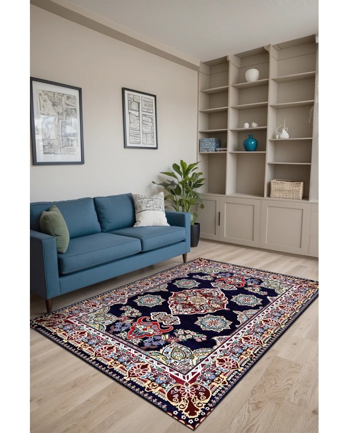 Perlan Modern Kadife Desenli Pamuk Tabanlı Yıkanabilen Kaydırmaz Antibakteriyel Salon Halısı