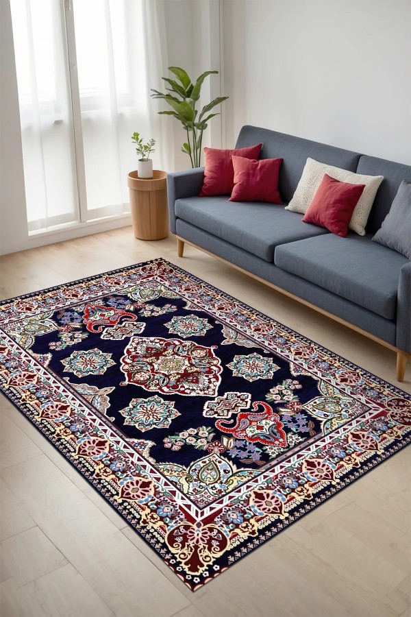 Perlan Modern Kadife Desenli Pamuk Tabanlı Yıkanabilen Kaydırmaz Antibakteriyel Salon Halısı