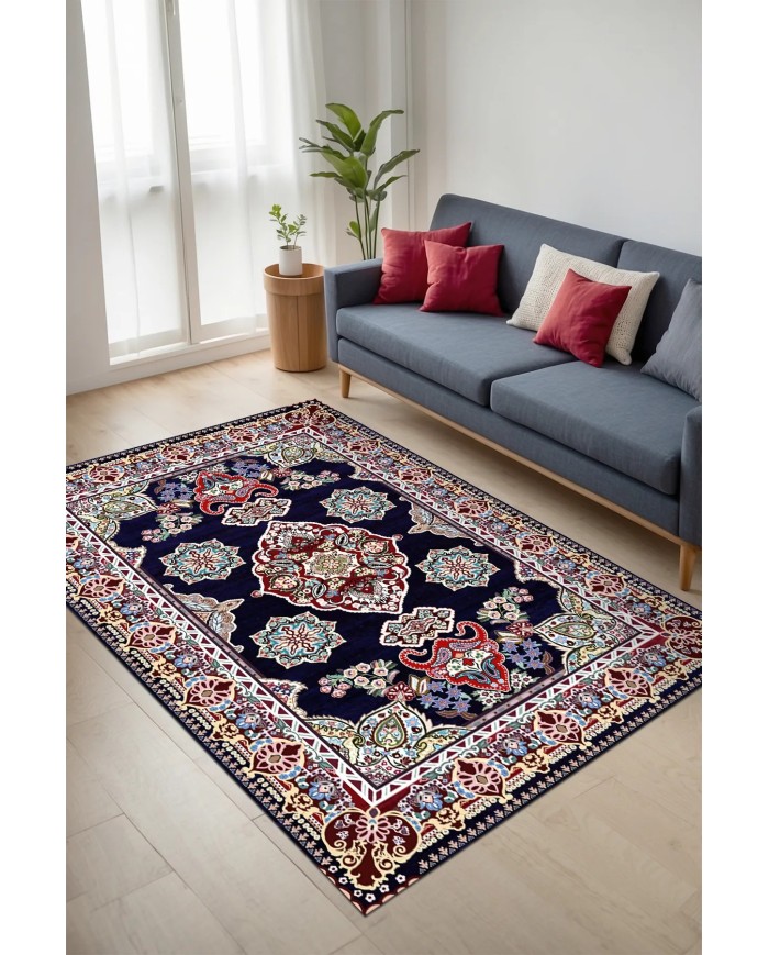 Perlan Modern Kadife Desenli Pamuk Tabanlı Yıkanabilen Kaydırmaz Antibakteriyel Salon Halısı