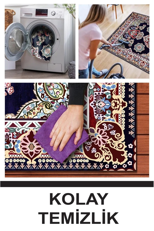 Perlan Modern Kadife Desenli Pamuk Tabanlı Yıkanabilen Kaydırmaz Antibakteriyel Salon Halısı