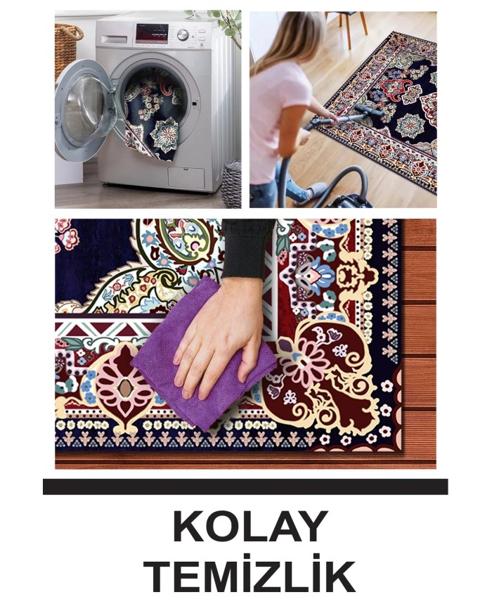 Perlan Modern Kadife Desenli Pamuk Tabanlı Yıkanabilen Kaydırmaz Antibakteriyel Salon Halısı