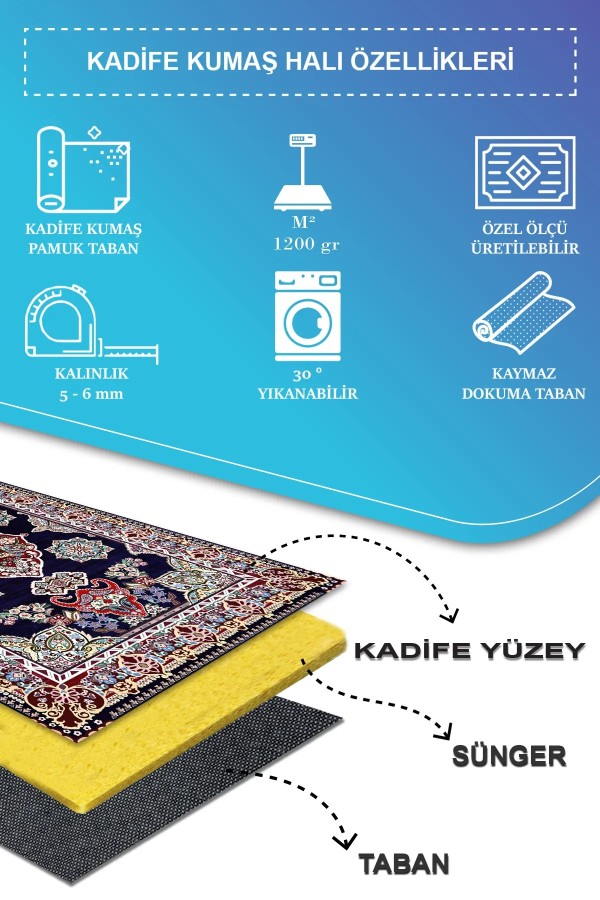 Perlan Modern Kadife Desenli Pamuk Tabanlı Yıkanabilen Kaydırmaz Antibakteriyel Salon Halısı