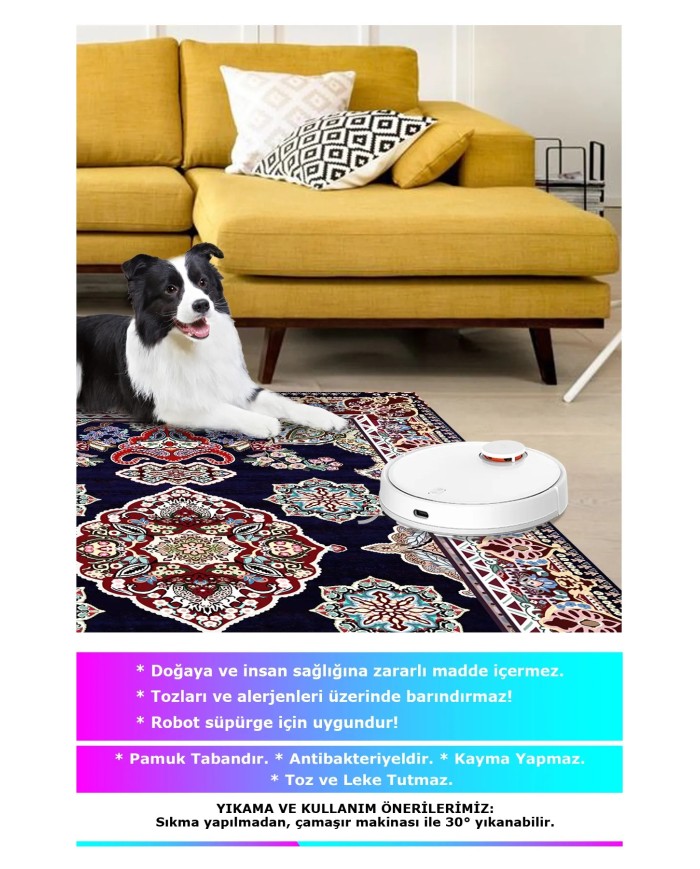 Perlan Modern Kadife Desenli Pamuk Tabanlı Yıkanabilen Kaydırmaz Antibakteriyel Salon Halısı