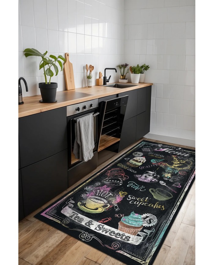 Elise Modern Kadife Desenli Pamuk Tabanlı Yıkanabilen Kaydırmaz Antibakteriyel Mutfak Halısı