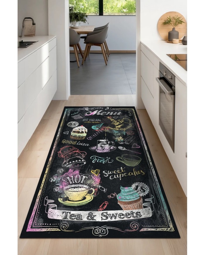 Elise Modern Kadife Desenli Pamuk Tabanlı Yıkanabilen Kaydırmaz Antibakteriyel Mutfak Halısı