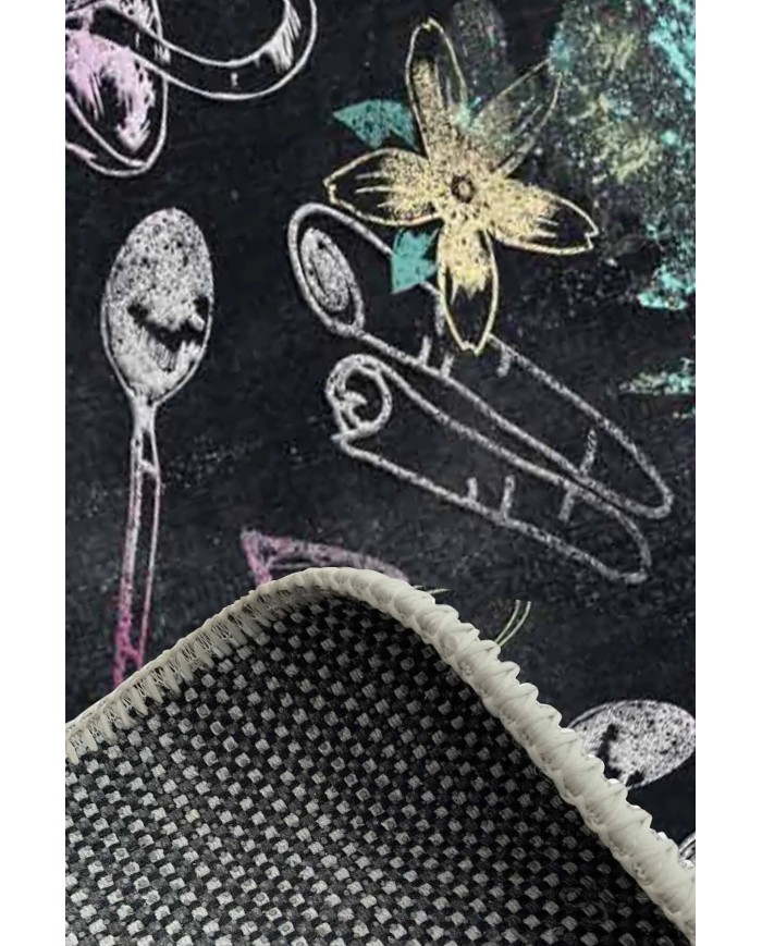 Elise Modern Kadife Desenli Pamuk Tabanlı Yıkanabilen Kaydırmaz Antibakteriyel Mutfak Halısı