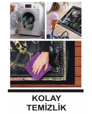 Elise Modern Kadife Desenli Pamuk Tabanlı Yıkanabilen Kaydırmaz Antibakteriyel Mutfak Halısı