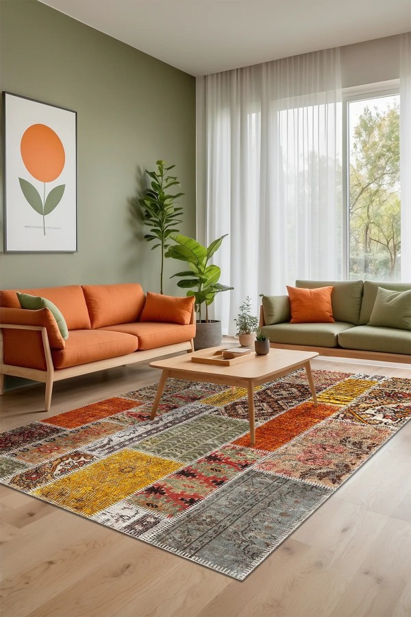 Zaha Modern Kadife Desenli Pamuk Tabanlı Yıkanabilen Kaydırmaz Antibakteriyel Salon Halısı