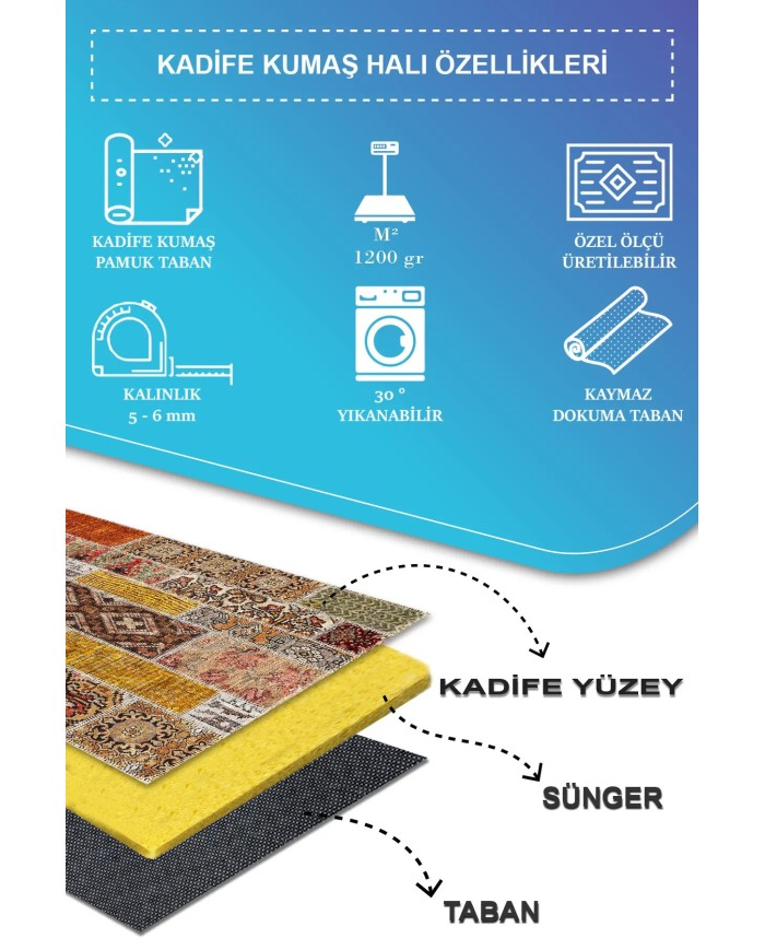 Zaha Modern Kadife Desenli Pamuk Tabanlı Yıkanabilen Kaydırmaz Antibakteriyel Salon Halısı