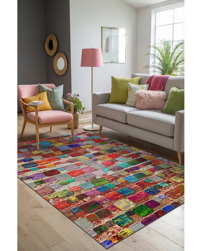 Trop Modern Kadife Desenli Pamuk Tabanlı Yıkanabilen Kaydırmaz Antibakteriyel Salon Halısı