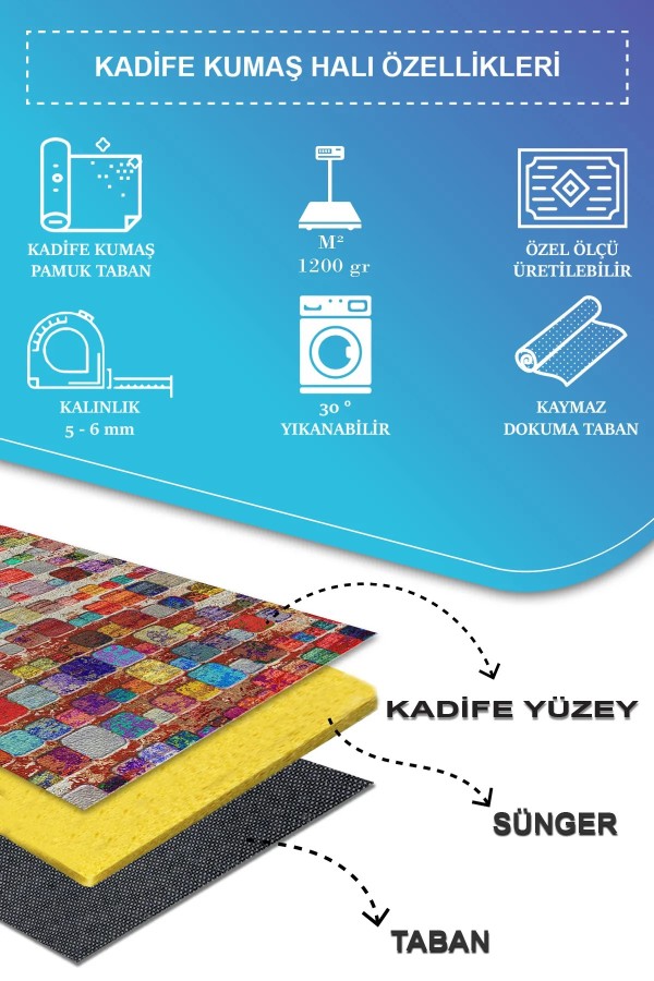 Trop Modern Kadife Desenli Pamuk Tabanlı Yıkanabilen Kaydırmaz Antibakteriyel Salon Halısı