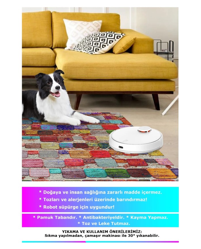 Trop Modern Kadife Desenli Pamuk Tabanlı Yıkanabilen Kaydırmaz Antibakteriyel Salon Halısı