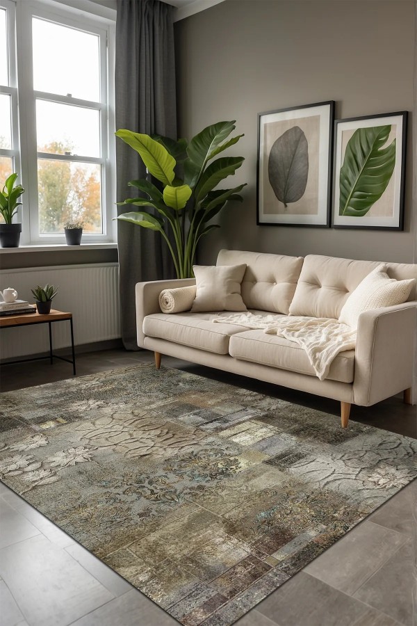 Gurma Modern Kadife Desenli Pamuk Tabanlı Yıkanabilen Kaydırmaz Antibakteriyel Salon Halısı