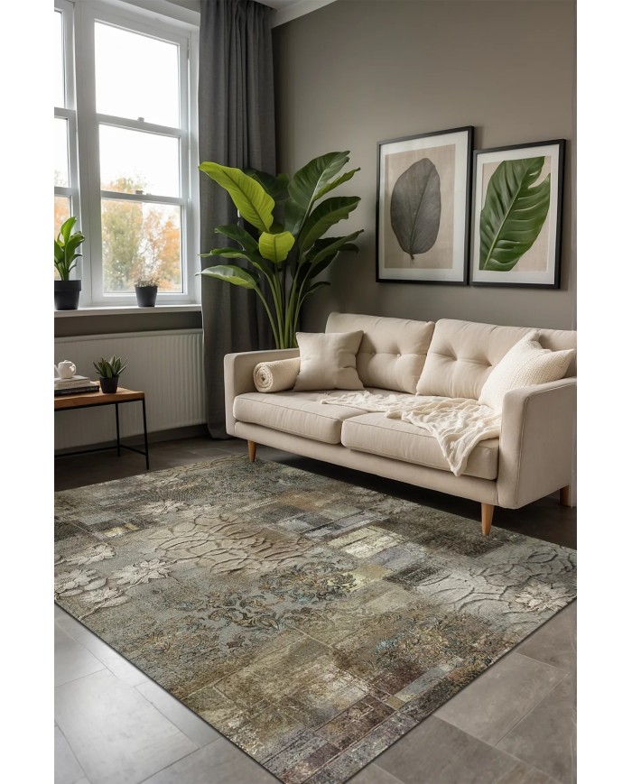 Gurma Modern Kadife Desenli Pamuk Tabanlı Yıkanabilen Kaydırmaz Antibakteriyel Salon Halısı