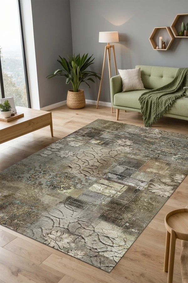 Gurma Modern Kadife Desenli Pamuk Tabanlı Yıkanabilen Kaydırmaz Antibakteriyel Salon Halısı