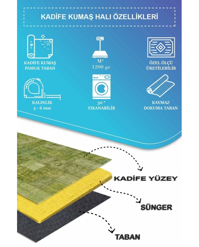 Berta Modern Kadife Desenli Pamuk Tabanlı Yıkanabilen Kaydırmaz Antibakteriyel Salon Halısı