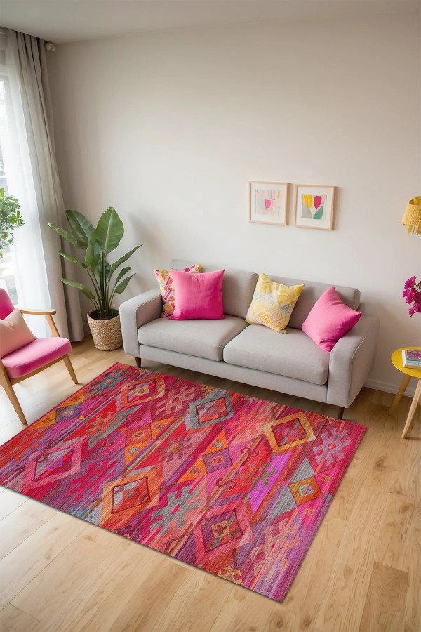 Golfe Modern Kadife Desenli Pamuk Tabanlı Yıkanabilen Kaydırmaz Antibakteriyel Salon Halısı