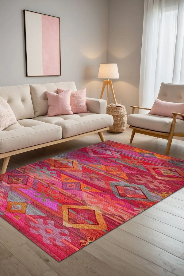 Golfe Modern Kadife Desenli Pamuk Tabanlı Yıkanabilen Kaydırmaz Antibakteriyel Salon Halısı