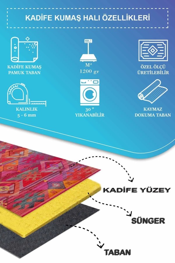 Golfe Modern Kadife Desenli Pamuk Tabanlı Yıkanabilen Kaydırmaz Antibakteriyel Salon Halısı