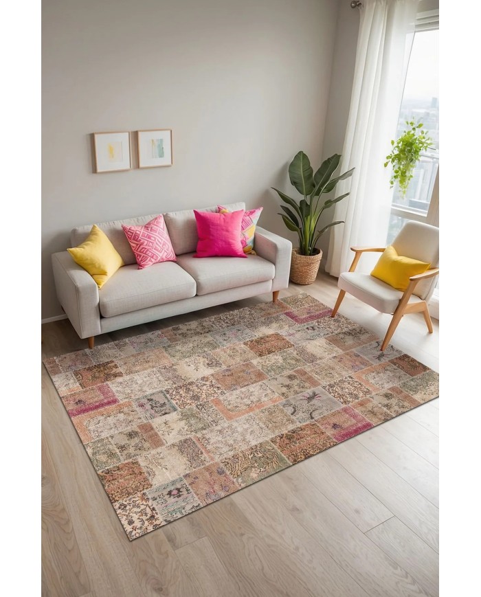 Mora Modern Kadife Desenli Pamuk Tabanlı Yıkanabilen Kaydırmaz Antibakteriyel Salon Halısı