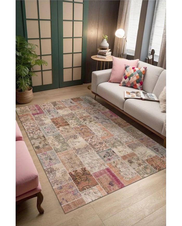 Mora Modern Kadife Desenli Pamuk Tabanlı Yıkanabilen Kaydırmaz Antibakteriyel Salon Halısı