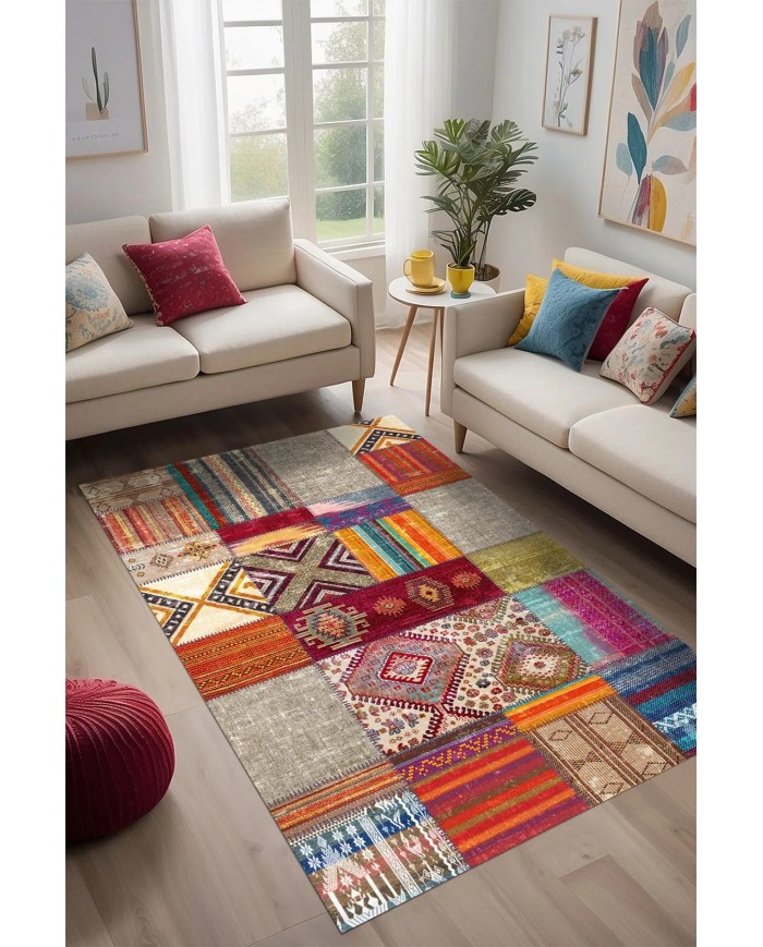 Odar Patchwork Vintage Kadife Desenli Pamuk Taban Kaymaz Yıkanabilen Antibakteriyel Yolluk