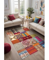 Odar Patchwork Vintage Kadife Desenli Pamuk Taban Kaymaz Yıkanabilen Antibakteriyel Yolluk