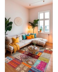 Odar Patchwork Vintage Kadife Desenli Pamuk Taban Kaymaz Yıkanabilen Antibakteriyel Yolluk