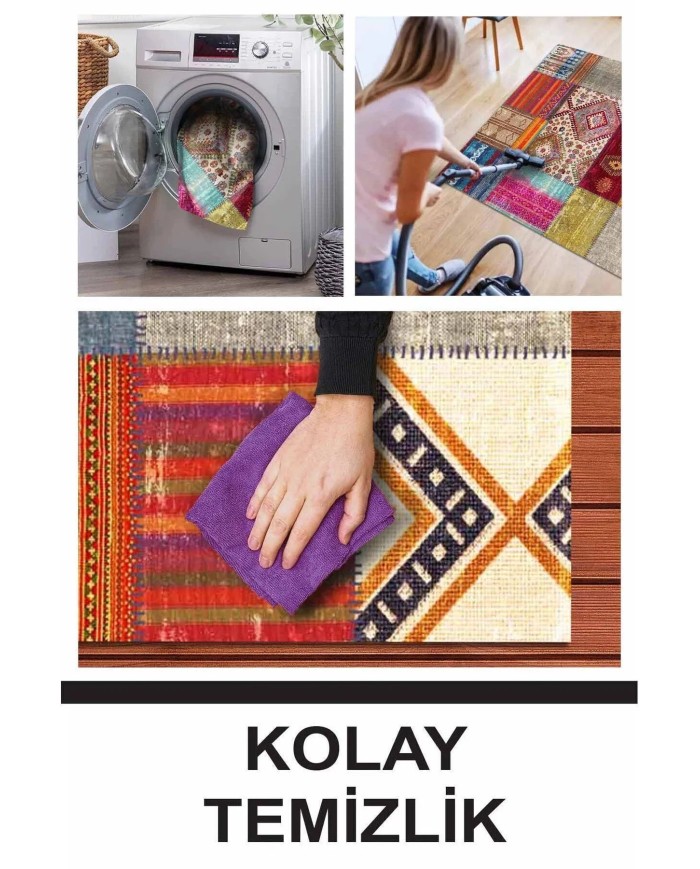 Odar Patchwork Vintage Kadife Desenli Pamuk Taban Kaymaz Yıkanabilen Antibakteriyel Yolluk