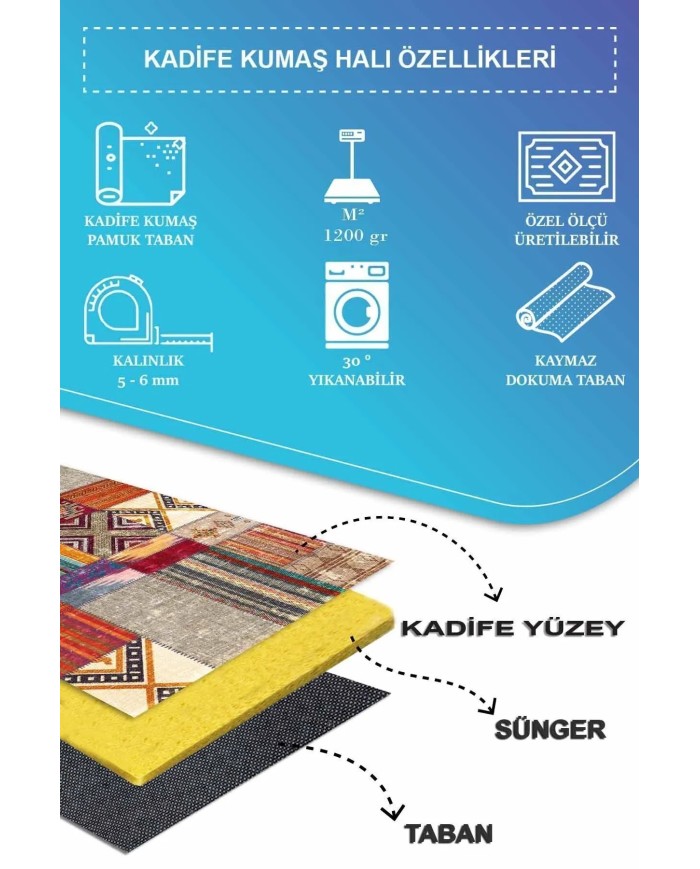 Odar Patchwork Vintage Kadife Desenli Pamuk Taban Kaymaz Yıkanabilen Antibakteriyel Yolluk