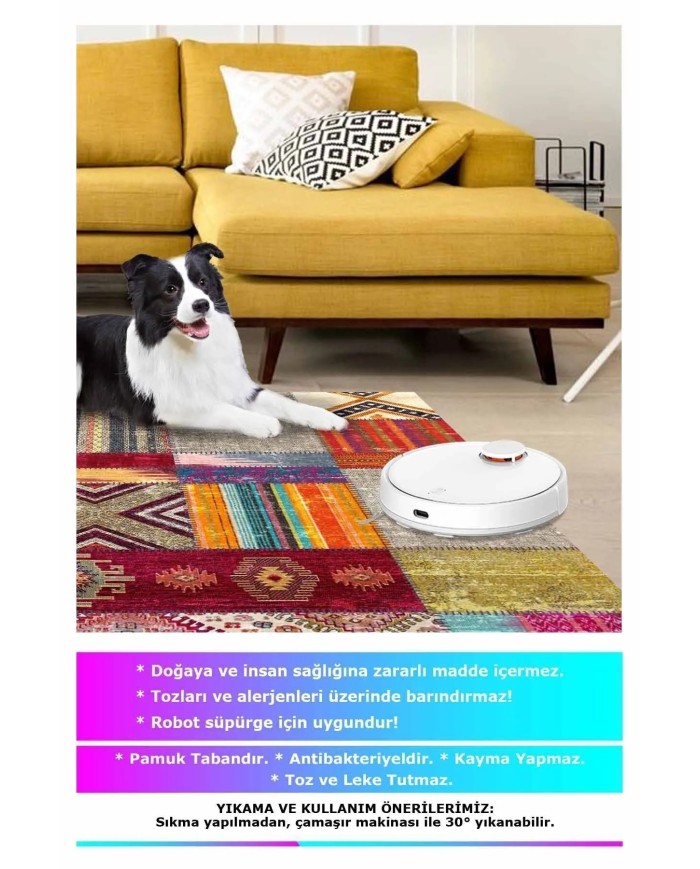 Odar Patchwork Vintage Kadife Desenli Pamuk Taban Kaymaz Yıkanabilen Antibakteriyel Yolluk