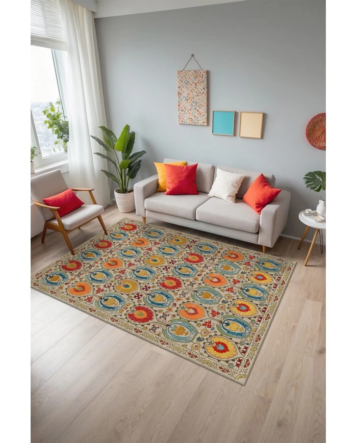 Natura Modern Kadife Desenli Pamuk Tabanlı Yıkanabilen Kaydırmaz Antibakteriyel Salon Halısı