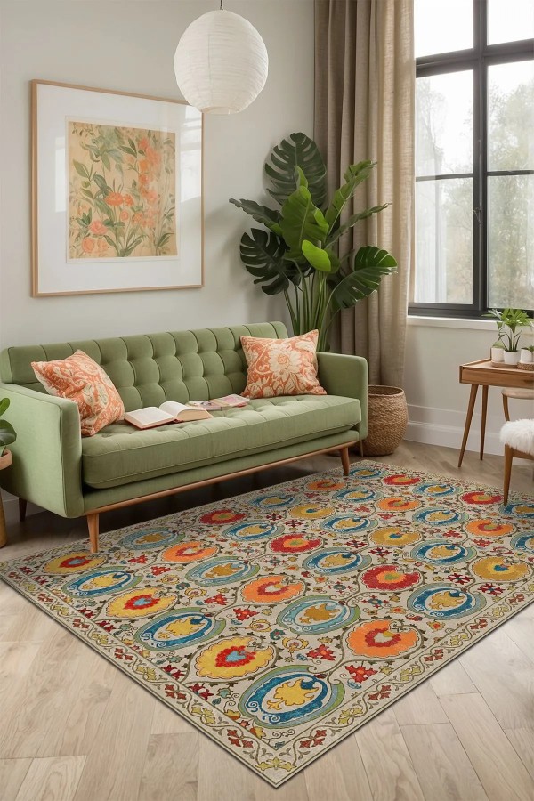 Natura Modern Kadife Desenli Pamuk Tabanlı Yıkanabilen Kaydırmaz Antibakteriyel Salon Halısı