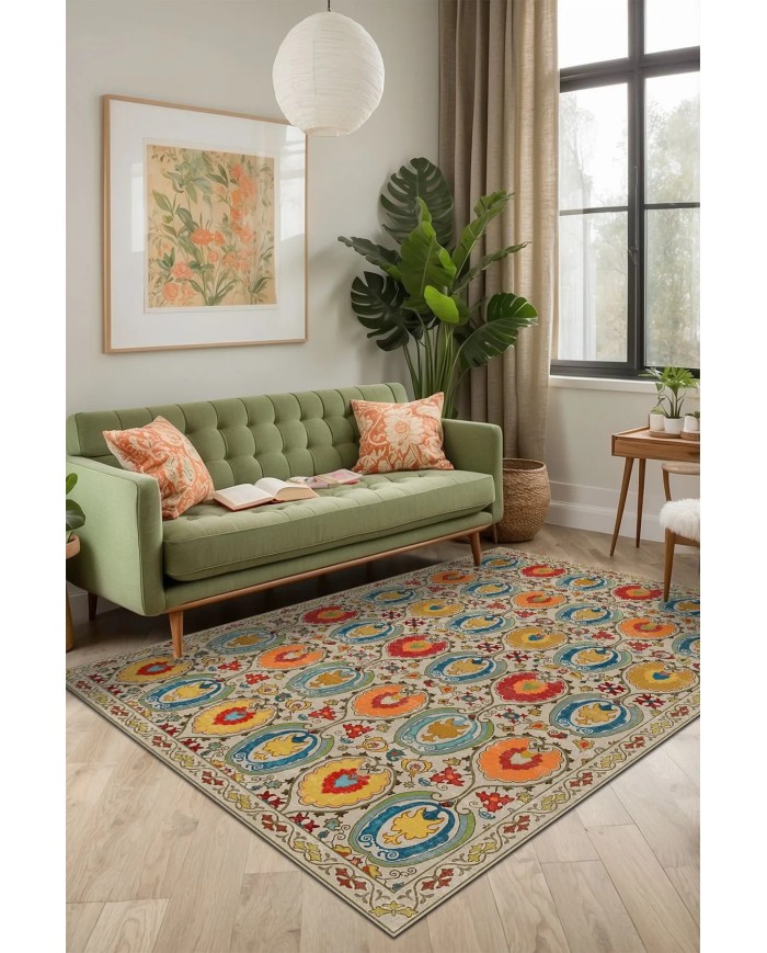 Natura Modern Kadife Desenli Pamuk Tabanlı Yıkanabilen Kaydırmaz Antibakteriyel Salon Halısı