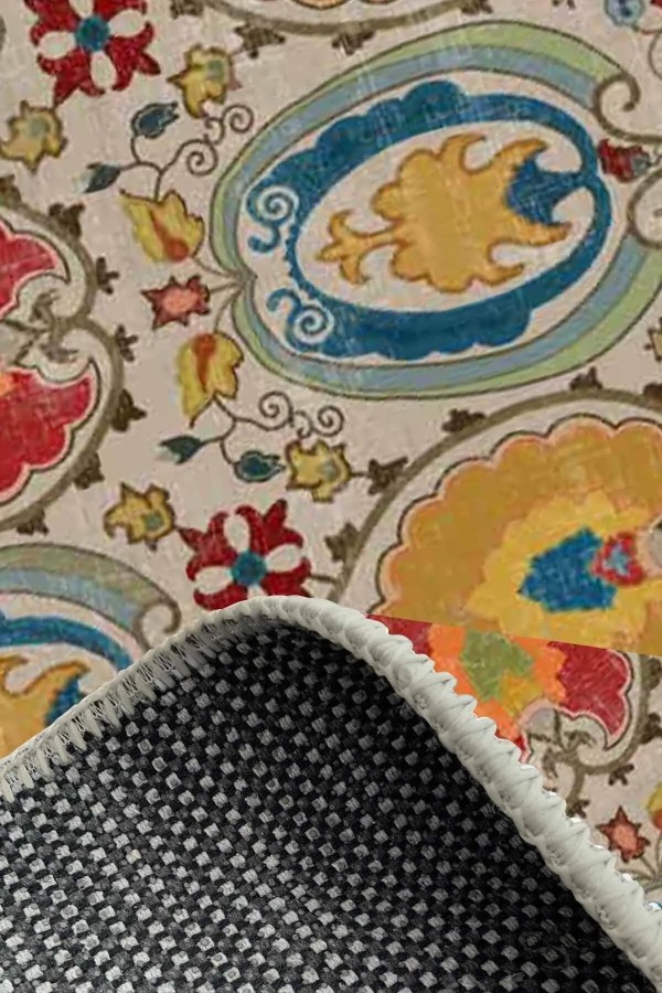 Natura Modern Kadife Desenli Pamuk Tabanlı Yıkanabilen Kaydırmaz Antibakteriyel Salon Halısı