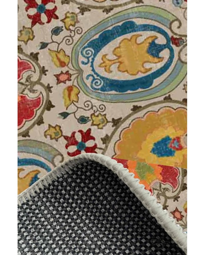 Natura Modern Kadife Desenli Pamuk Tabanlı Yıkanabilen Kaydırmaz Antibakteriyel Salon Halısı