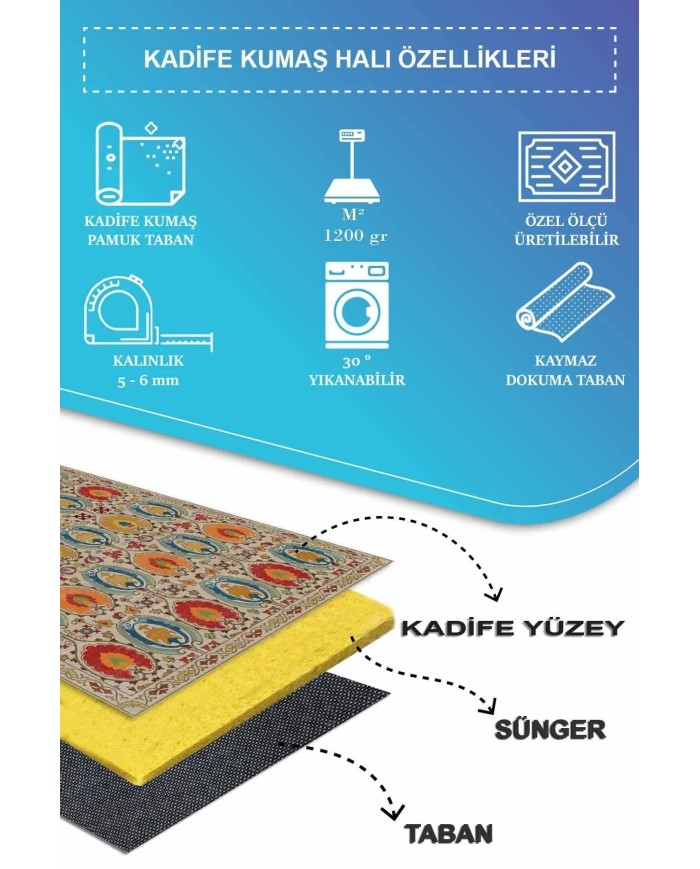 Natura Modern Kadife Desenli Pamuk Tabanlı Yıkanabilen Kaydırmaz Antibakteriyel Salon Halısı