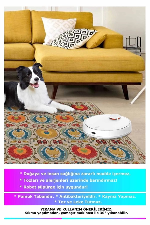 Natura Modern Kadife Desenli Pamuk Tabanlı Yıkanabilen Kaydırmaz Antibakteriyel Salon Halısı