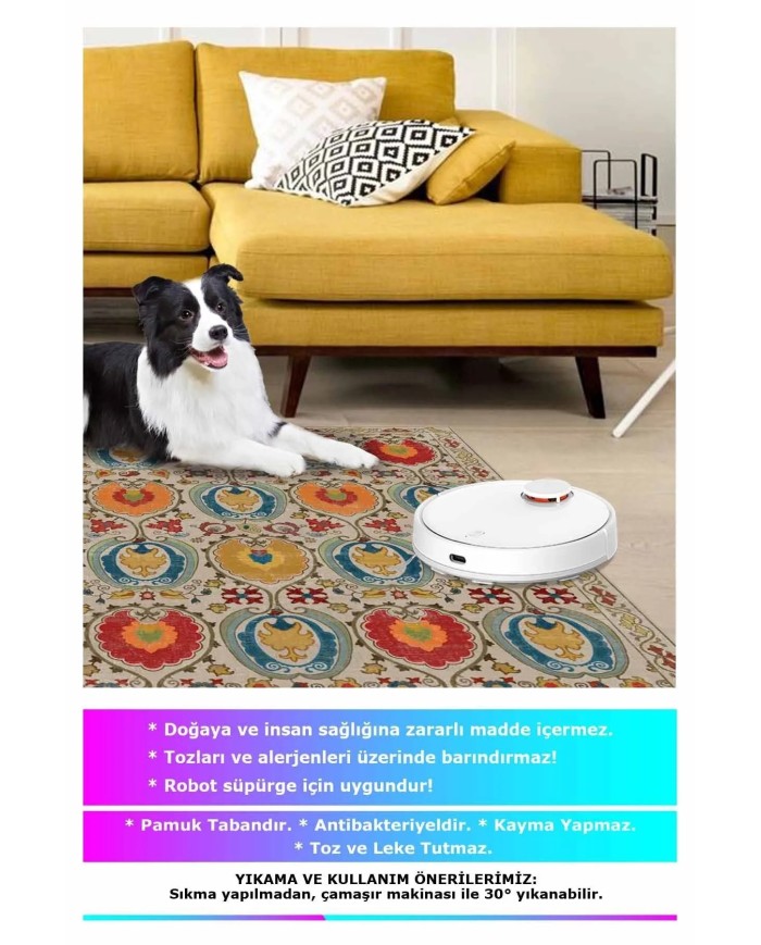 Natura Modern Kadife Desenli Pamuk Tabanlı Yıkanabilen Kaydırmaz Antibakteriyel Salon Halısı