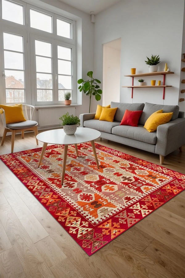 Kora Modern Kadife Desenli Pamuk Tabanlı Yıkanabilen Kaydırmaz Antibakteriyel Salon Halısı