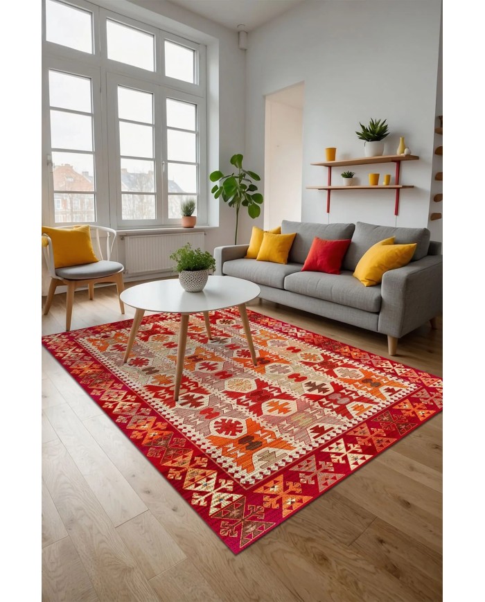 Kora Modern Kadife Desenli Pamuk Tabanlı Yıkanabilen Kaydırmaz Antibakteriyel Salon Halısı