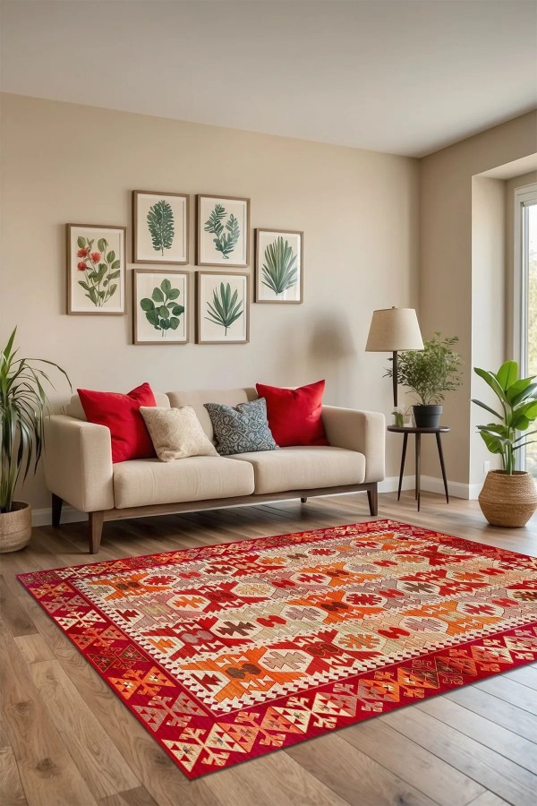 Kora Modern Kadife Desenli Pamuk Tabanlı Yıkanabilen Kaydırmaz Antibakteriyel Salon Halısı